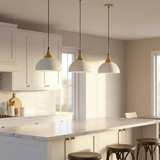 Gold Pendant Light – Dome, Cone or Amber Glass Globe Shade, E27 - Gold, Dome 21 cm White, Without Bulb