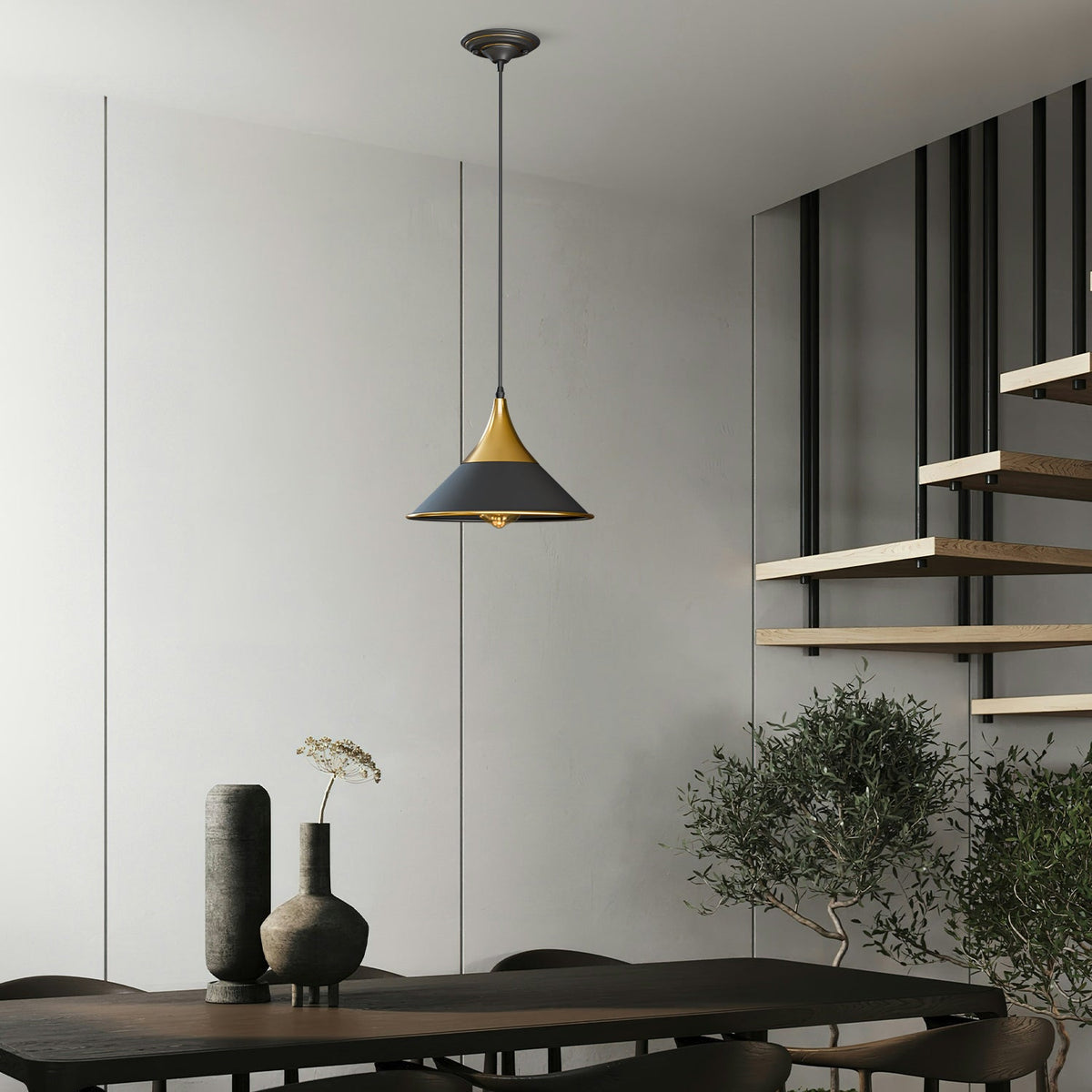 Gold Pendant Light – Dome, Cone or Amber Glass Globe Shade, E27 - Gold, Flat Cone 22 cm Black & Gold Line, Without Bulb