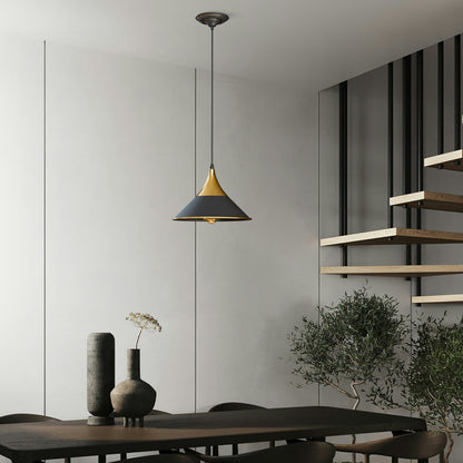 Gold Pendant Light – Dome, Cone or Amber Glass Globe Shade, E27 - Gold, Flat Cone 22 cm Black & Gold Line, Without Bulb