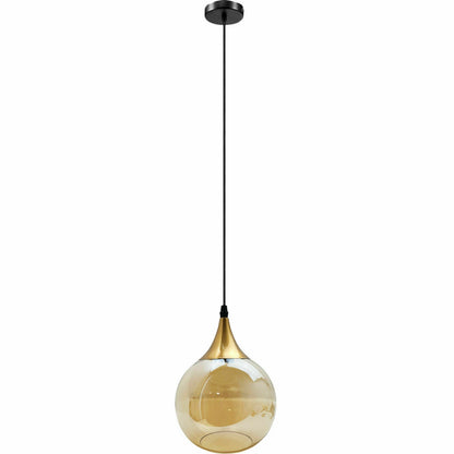 Gold Pendant Light – Dome, Cone or Amber Glass Globe Shade, E27 - Gold, Glass Globe 20 cm Amber, Without Bulb