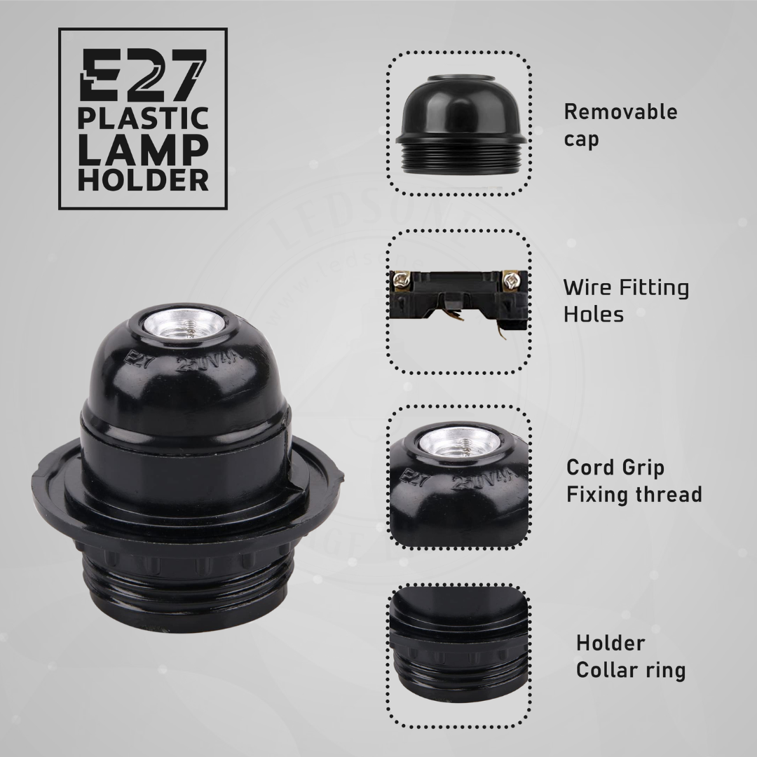 Black E27 or E14 Lamp Holder with Collar Ring – Optional Cord Grip - photo 2