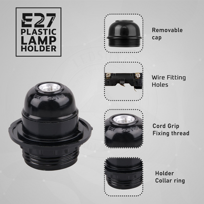 Black E27 or E14 Lamp Holder with Collar Ring – Optional Cord Grip - photo 2