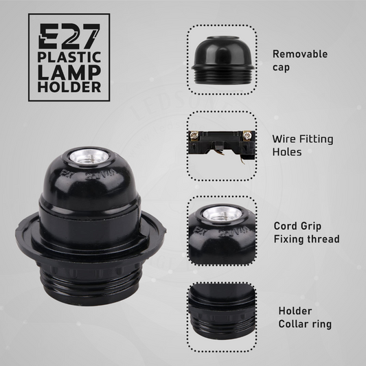 Black E27 or E14 Lamp Holder with Collar Ring – Optional Cord Grip - photo 2