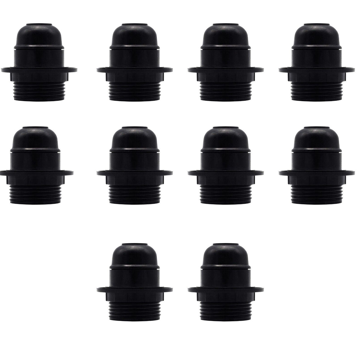 Black E27 or E14 Lamp Holder with Collar Ring – Optional Cord Grip - Pack of 10, E27, Black