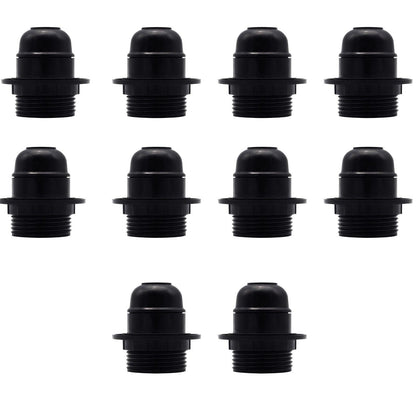 Black E27 or E14 Lamp Holder with Collar Ring – Optional Cord Grip - Pack of 10, E27, Black