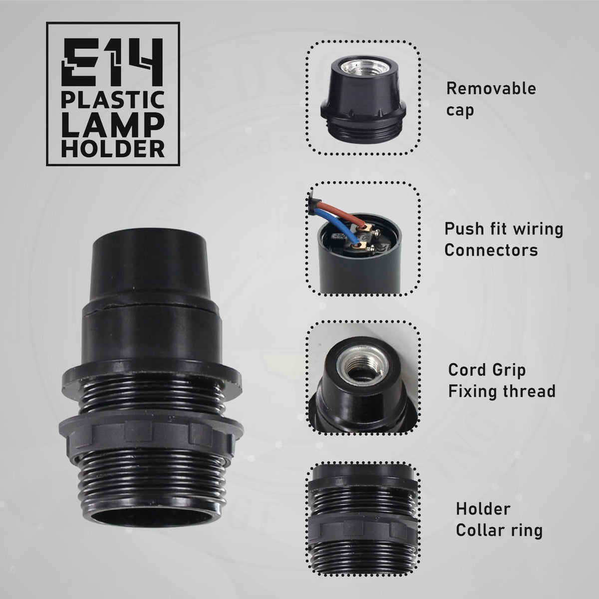 Black E27 or E14 Lamp Holder with Collar Ring – Optional Cord Grip - Pack of 5, E14, Black