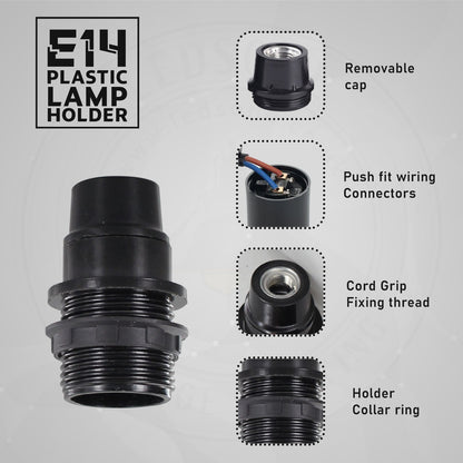 Black E27 or E14 Lamp Holder with Collar Ring – Optional Cord Grip - Pack of 5, E14, Black