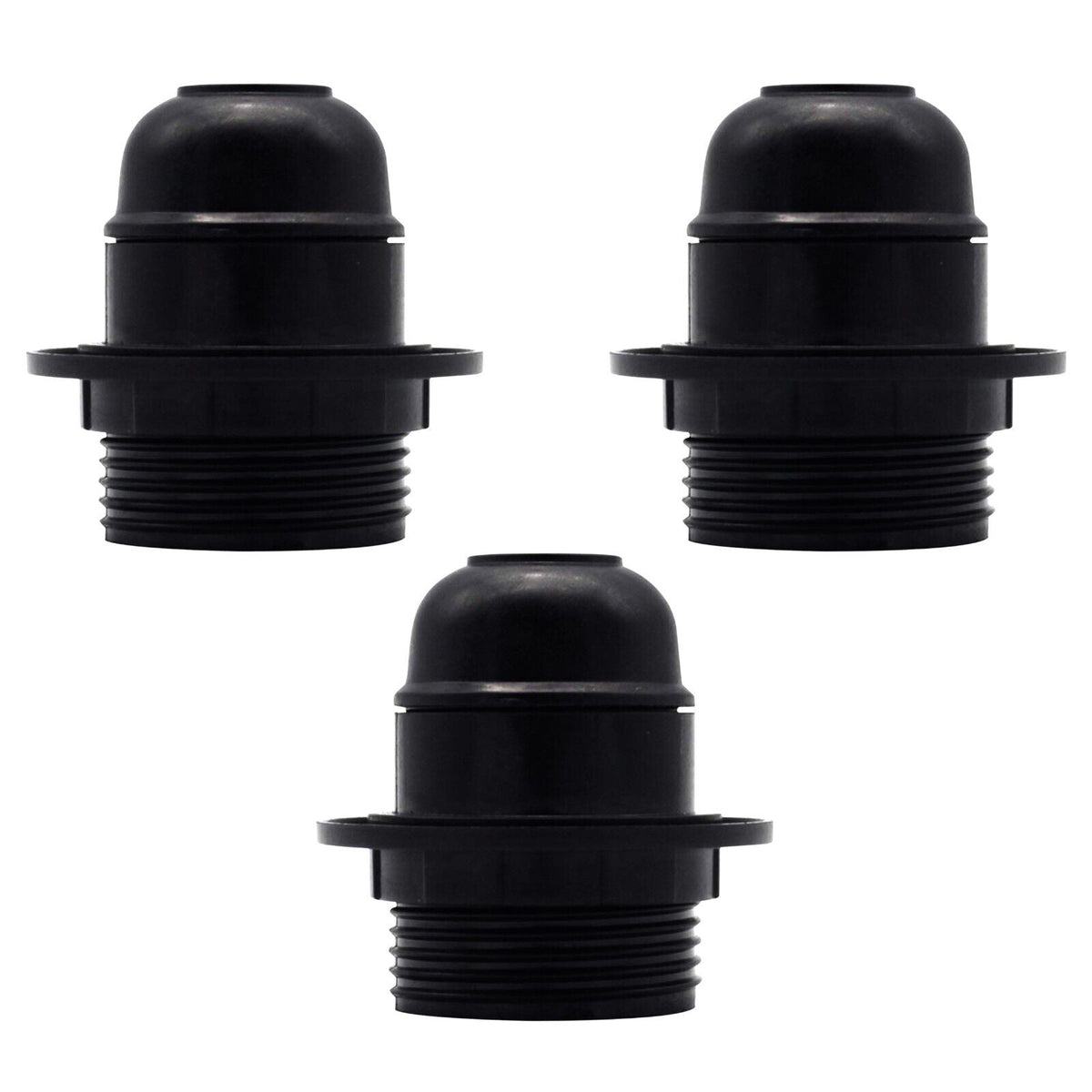 Black E27 or E14 Lamp Holder with Collar Ring – Optional Cord Grip - Pack of 3, E27, Black