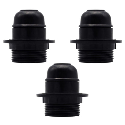 Black E27 or E14 Lamp Holder with Collar Ring – Optional Cord Grip - Pack of 3, E27, Black