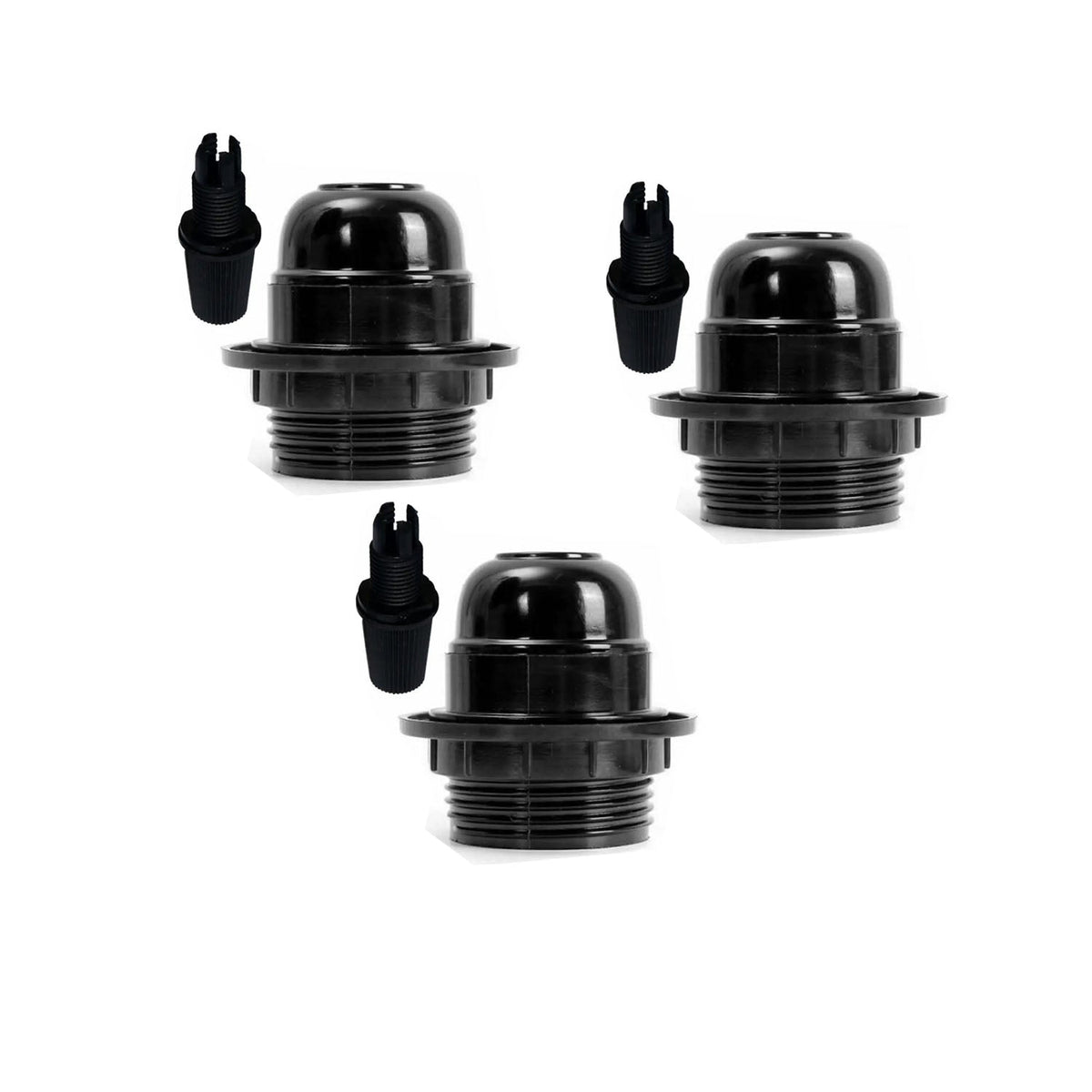 Black E27 or E14 Lamp Holder with Collar Ring – Optional Cord Grip - Pack of 3, E27 with Cord Grip, Black