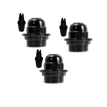 Black E27 or E14 Lamp Holder with Collar Ring – Optional Cord Grip - Pack of 3, E27 with Cord Grip, Black