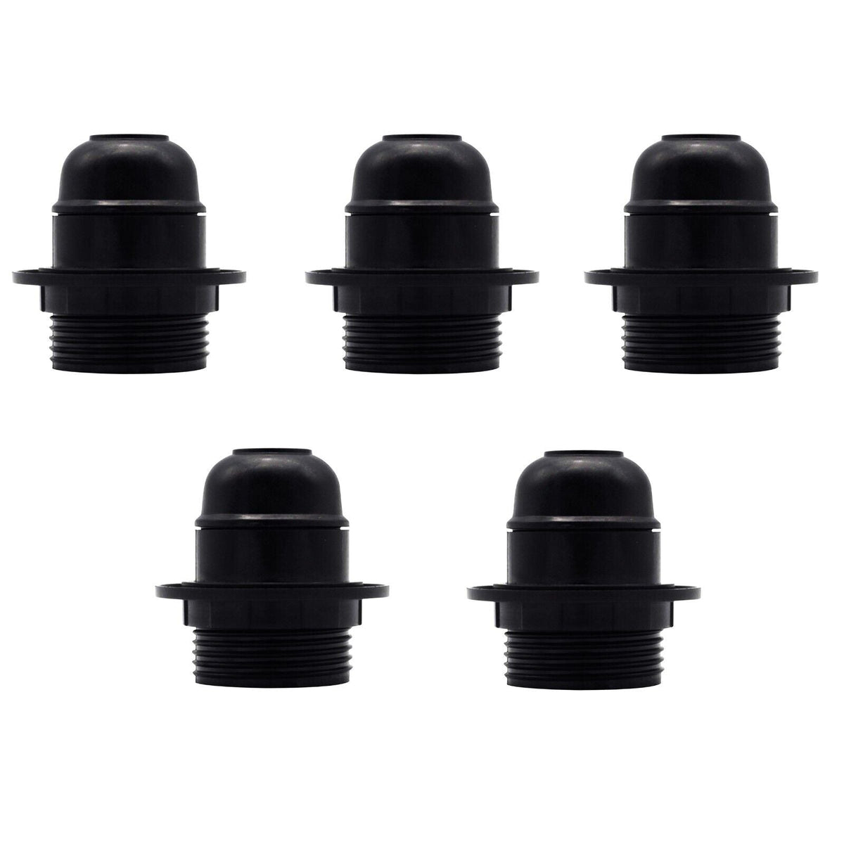 Black E27 or E14 Lamp Holder with Collar Ring – Optional Cord Grip - Pack of 5, E27, Black