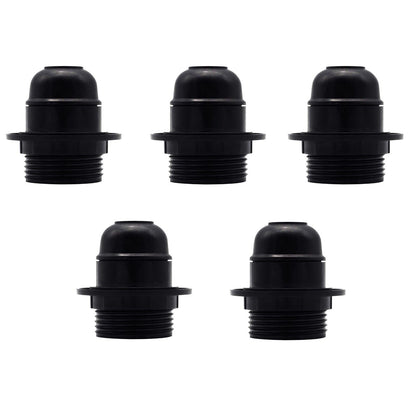 Black E27 or E14 Lamp Holder with Collar Ring – Optional Cord Grip - Pack of 5, E27, Black