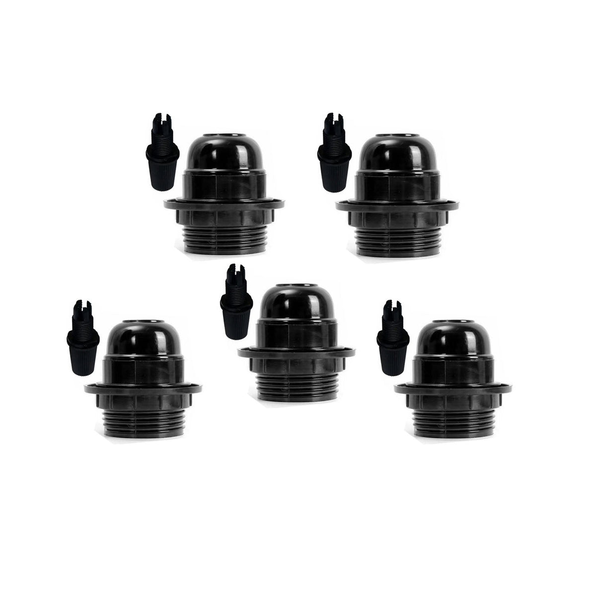 Black E27 or E14 Lamp Holder with Collar Ring – Optional Cord Grip - Pack of 5, E27 with Cord Grip, Black