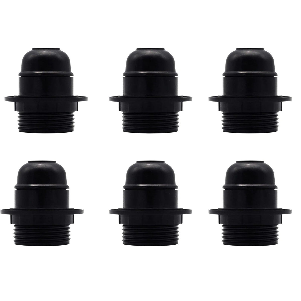 Black E27 or E14 Lamp Holder with Collar Ring – Optional Cord Grip - Pack of 6, E27, Black
