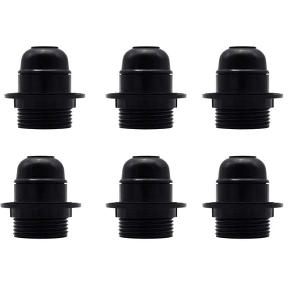 Black E27 or E14 Lamp Holder with Collar Ring – Optional Cord Grip - Pack of 6, E27, Black