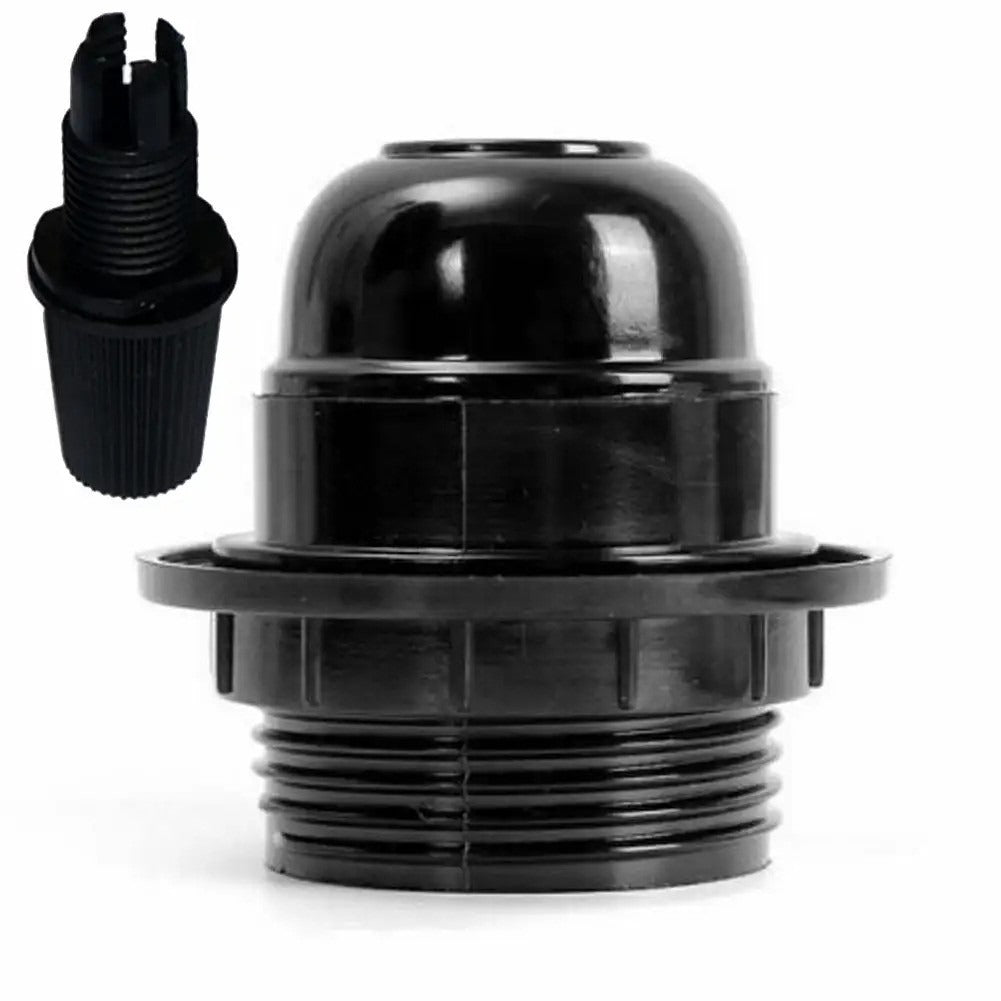 Black E27 or E14 Lamp Holder with Collar Ring – Optional Cord Grip - Single, E27 with Cord Grip, Black