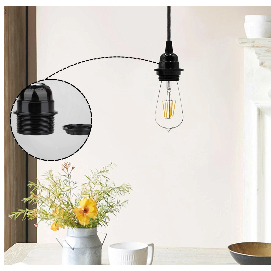 Black E27 or E14 Lamp Holder with Collar Ring – Optional Cord Grip