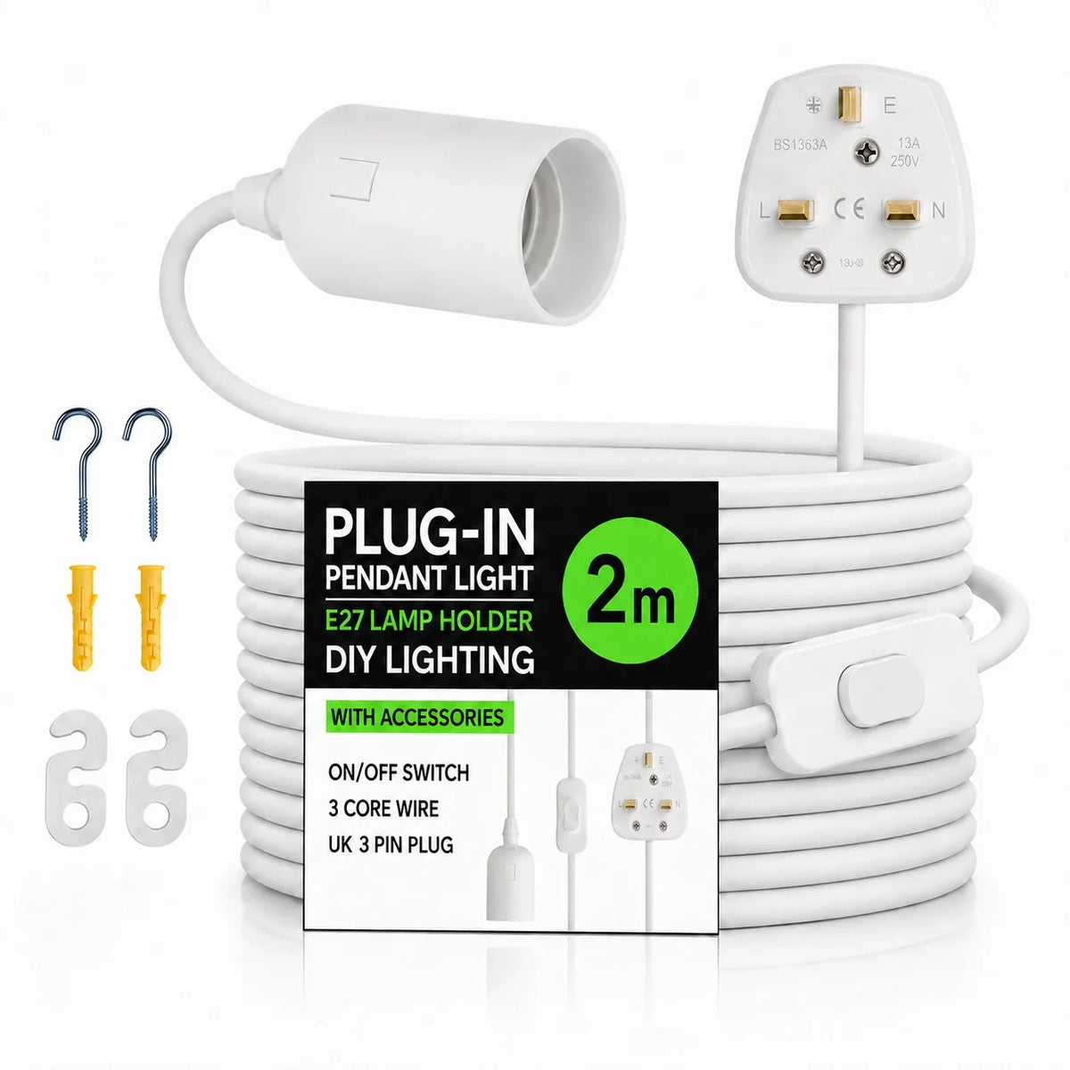 White Plug-In Pendant Light Cord – E27 Holder, On/Off Switch, UK Plug - photo 10
