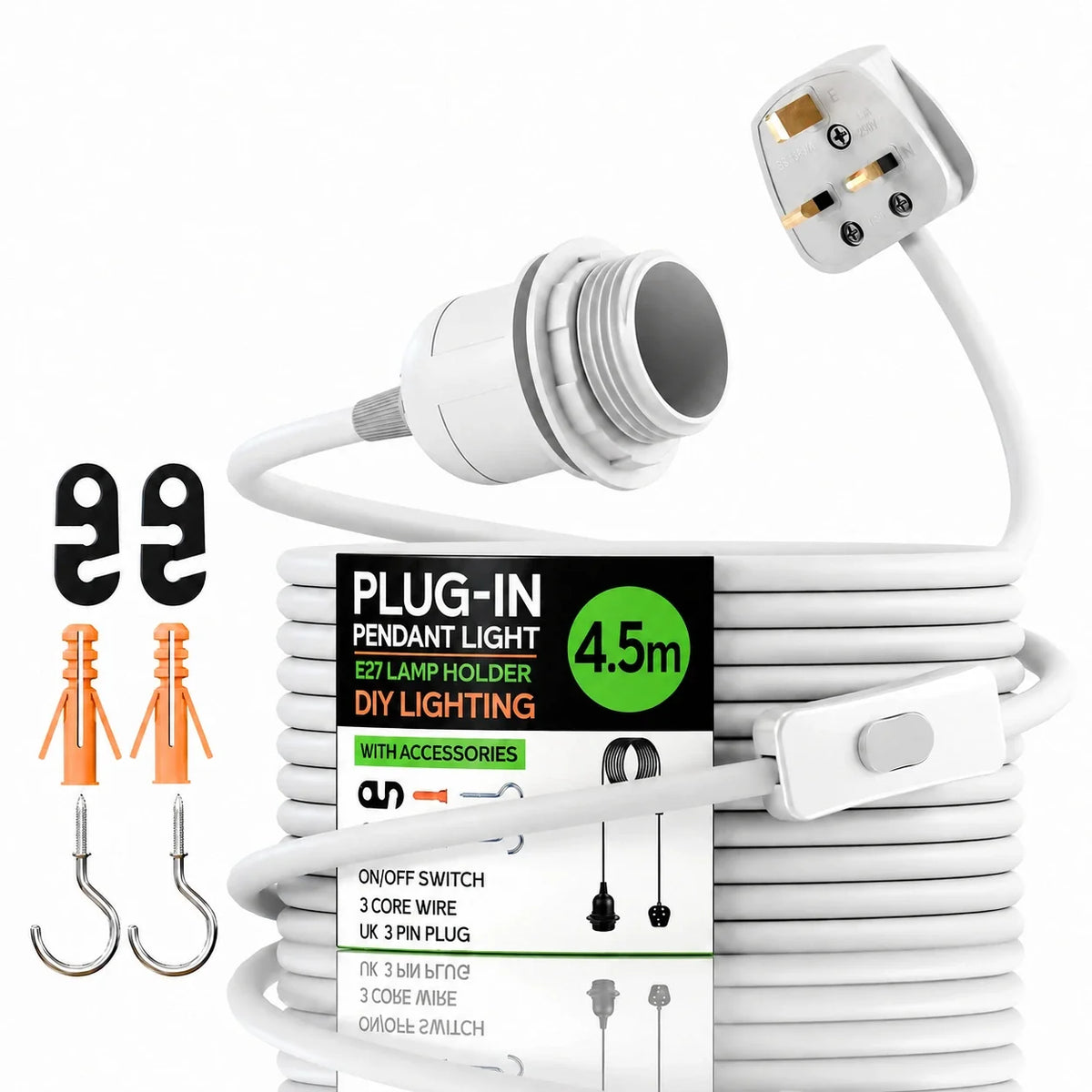 Plug-In Pendant Light Cord – White, 4.5 m, E27 with Shade Ring