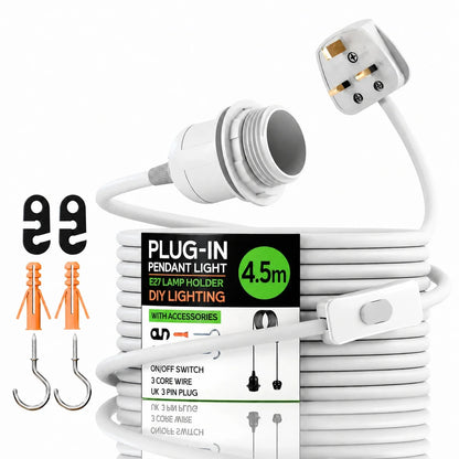 Plug-In Pendant Light Cord – White, 4.5 m, E27 with Shade Ring