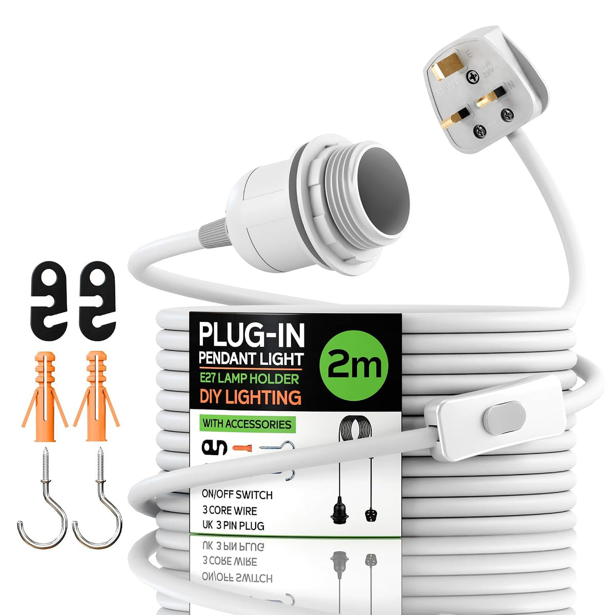 White Plug-In Pendant Light Cord – E27 Holder, On/Off Switch, UK Plug - photo 9