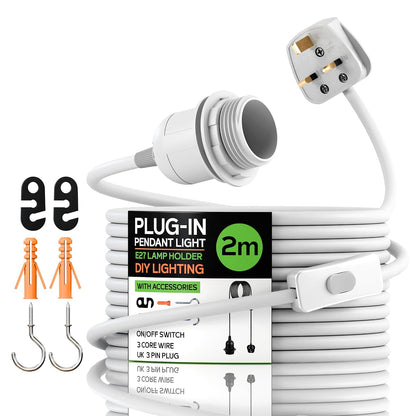 White Plug-In Pendant Light Cord – E27 Holder, On/Off Switch, UK Plug - photo 9