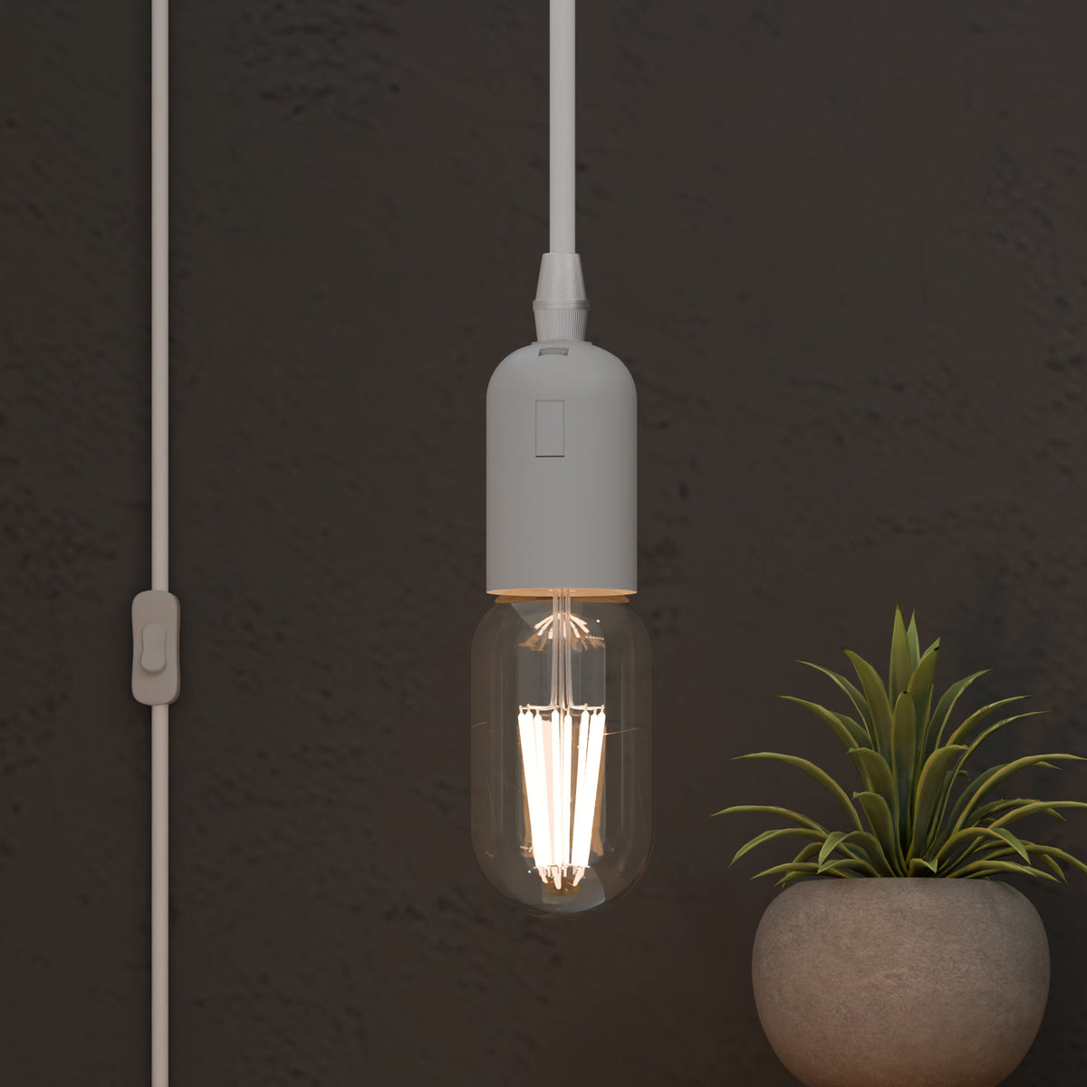 White Plug-In Pendant Light Cord – E27 Holder, On/Off Switch, UK Plug