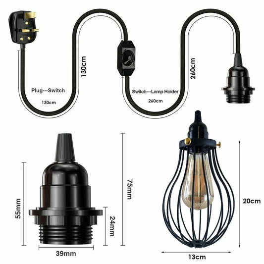 Plug-In Pendant Light – 4 m Fabric Cable, Dimmer Switch, Cage or Shade - photo 2