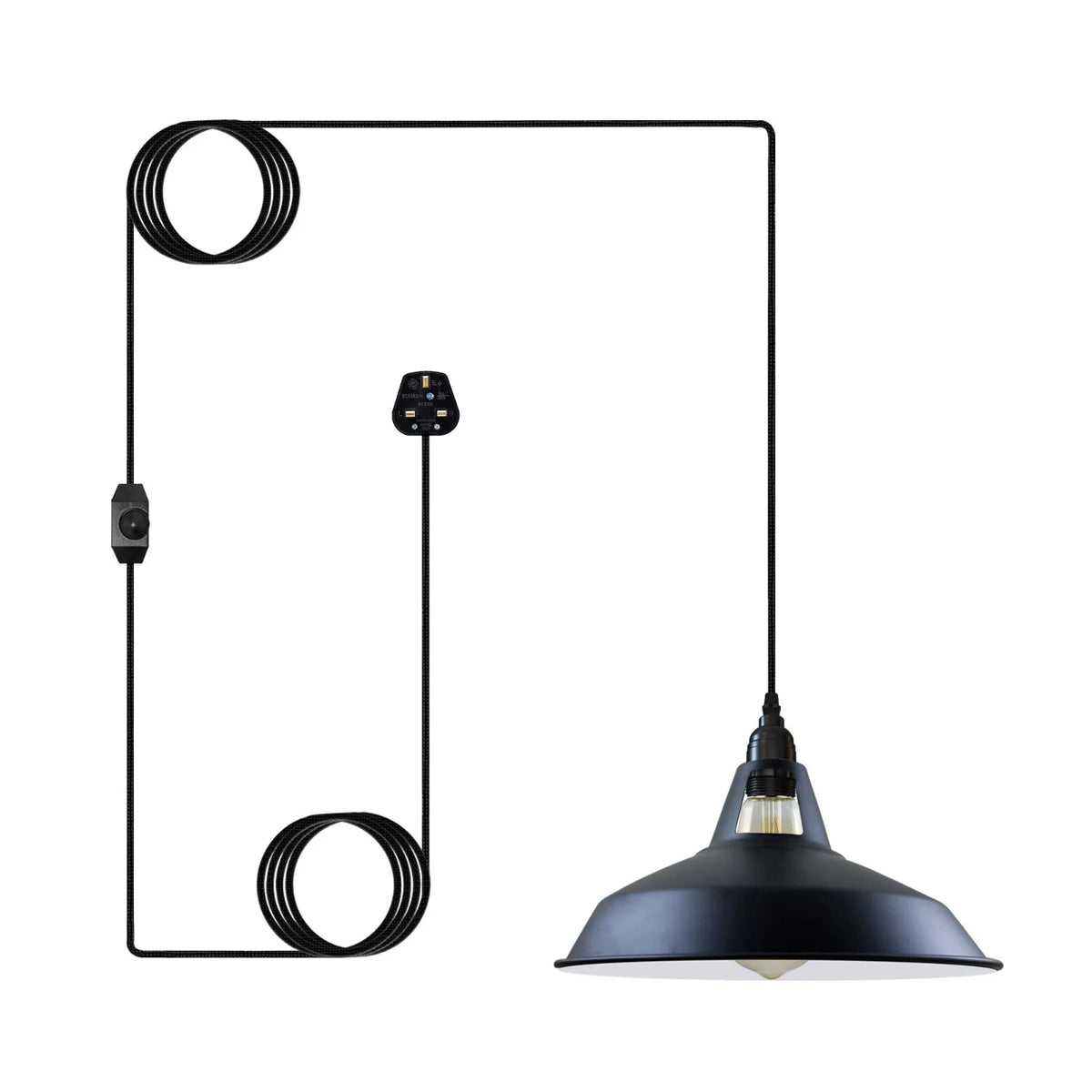 Plug-In Pendant Light – 4 m Fabric Cable, Dimmer Switch, Cage or Shade - Black, Barn Slotted 30 cm Black & White Inner, Without Bulb