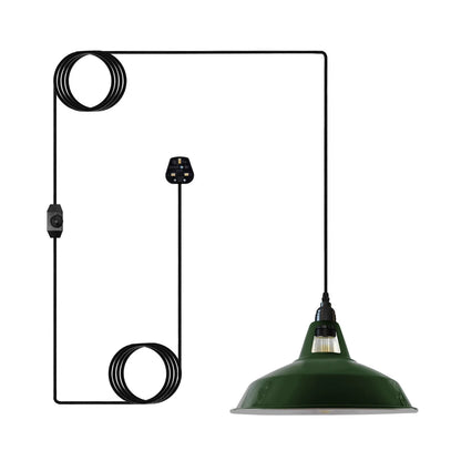 Plug-In Pendant Light – 4 m Fabric Cable, Dimmer Switch, Cage or Shade - Black, Barn Slotted 30 cm Green, Without Bulb
