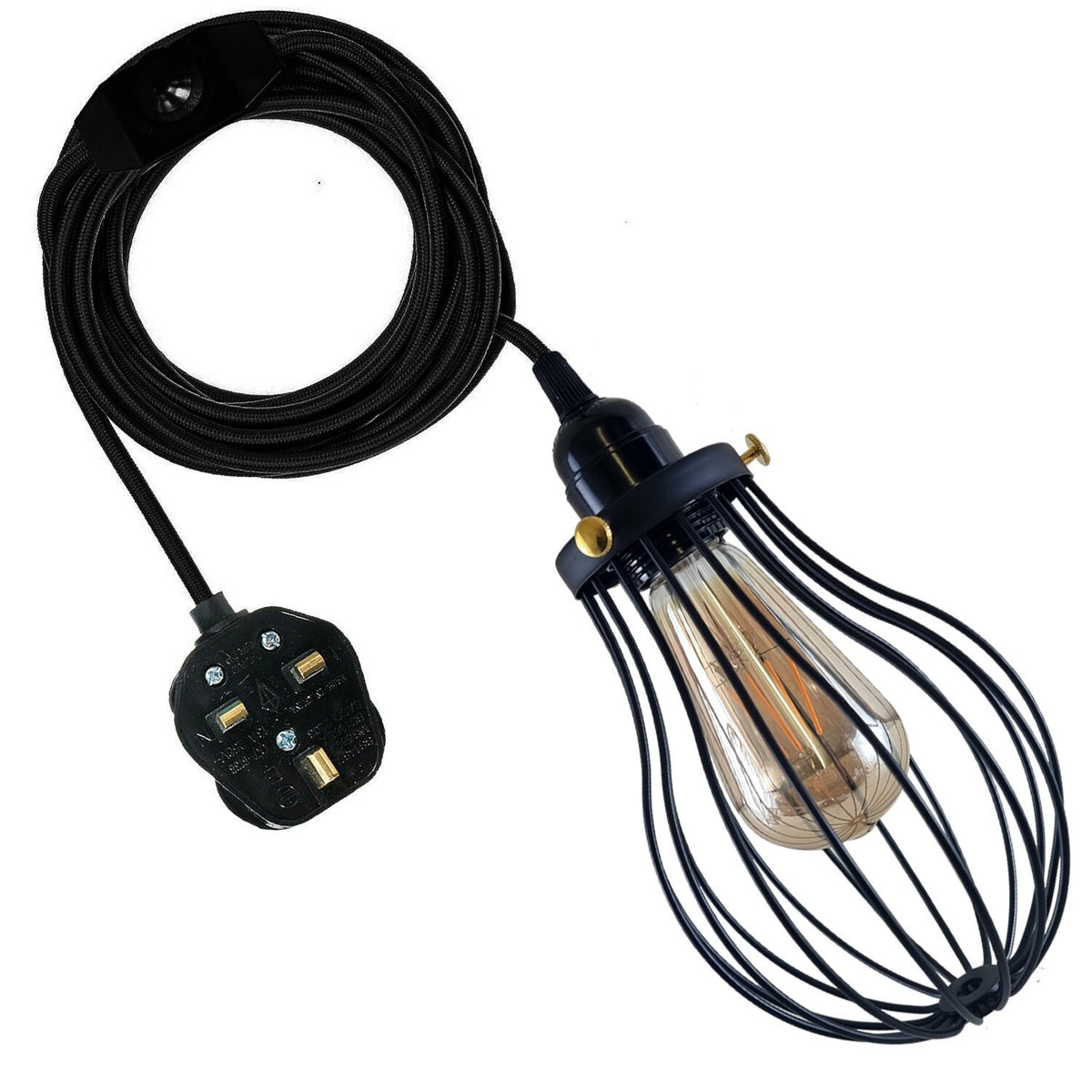 Plug-In Pendant Light – 4 m Fabric Cable, Dimmer Switch, Cage or Shade - Black, Balloon Cage Black, ST64 LED Bulb 4W