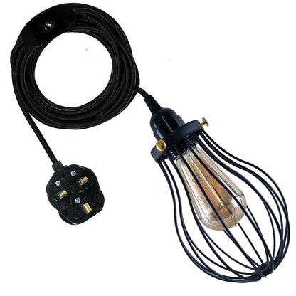 Plug-In Pendant Light – 4 m Fabric Cable, Dimmer Switch, Cage or Shade - Black, Balloon Cage Black, ST64 LED Bulb 4W