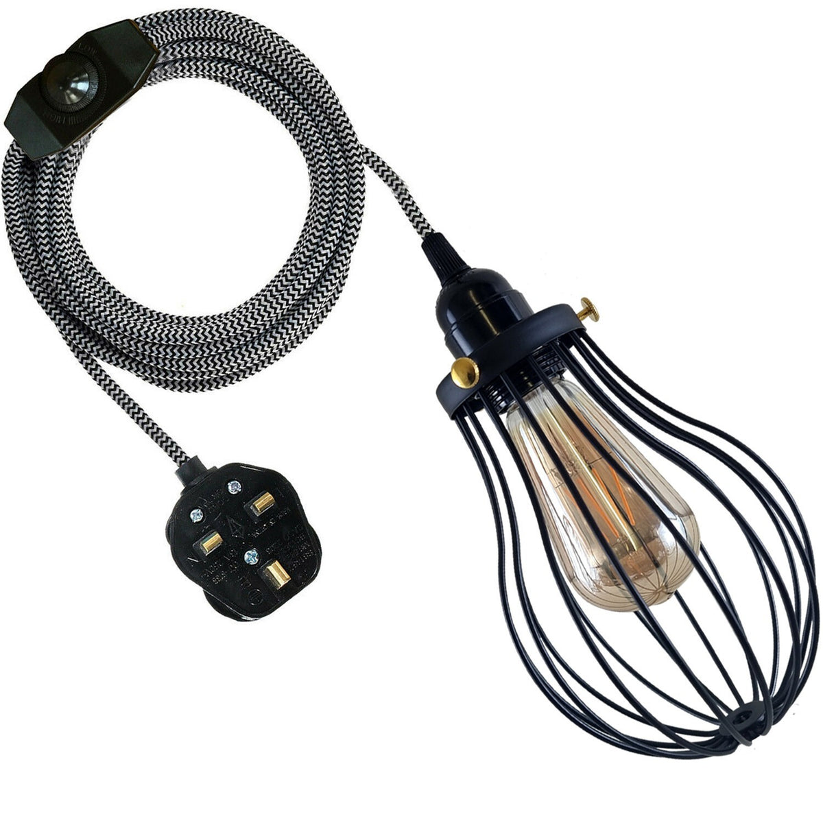 Plug-In Pendant Light – 4 m Fabric Cable, Dimmer Switch, Cage or Shade - Black & White, Balloon Cage Black, ST64 LED Bulb 4W