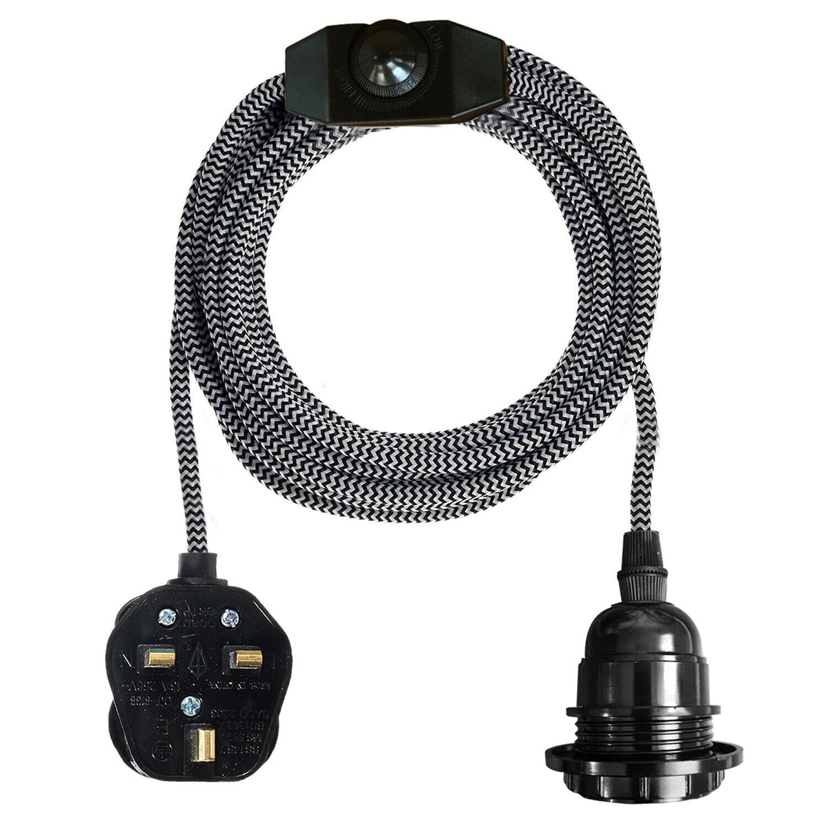 Plug-In Pendant Light – 4 m Fabric Cable, Dimmer Switch, Cage or Shade - Black & White, No Shade, Without Bulb