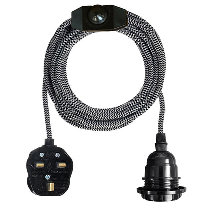 Plug-In Pendant Light – 4 m Fabric Cable, Dimmer Switch, Cage or Shade - Black & White, No Shade, Without Bulb