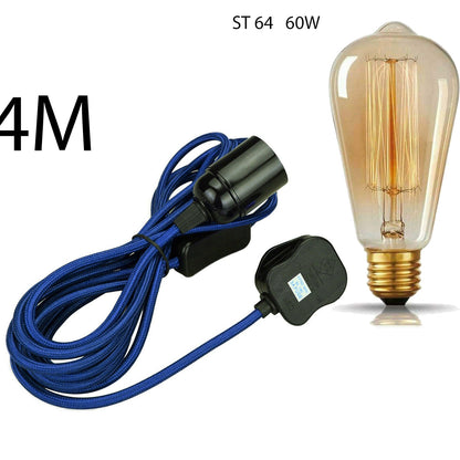 Plug-In Pendant Light – 4 m Fabric Cable, Dimmer Switch, Cage or Shade - Blue, No Shade, ST64 LED Bulb 4W