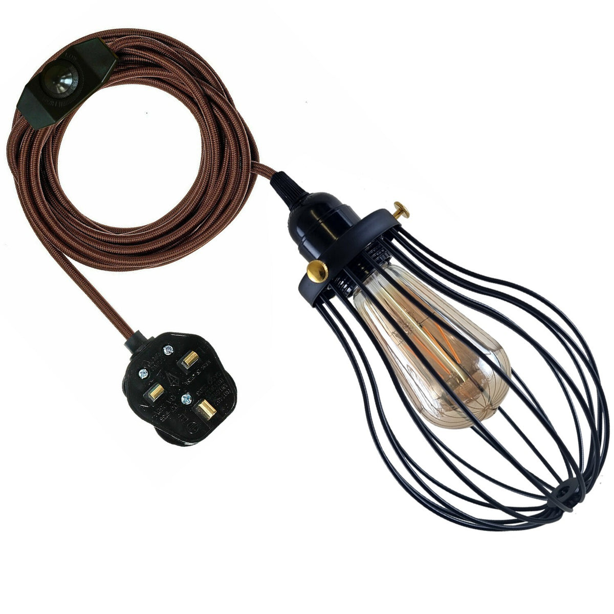 Plug-In Pendant Light – 4 m Fabric Cable, Dimmer Switch, Cage or Shade - Brown, Balloon Cage Black, ST64 LED Bulb 4W