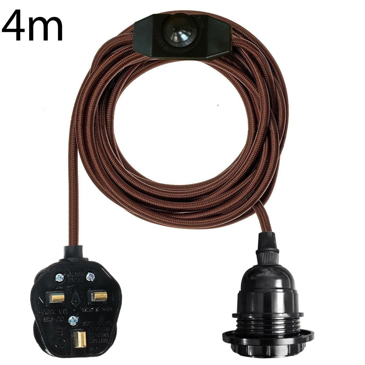 Plug-In Pendant Light – 4 m Fabric Cable, Dimmer Switch, Cage or Shade - Brown, No Shade, Without Bulb