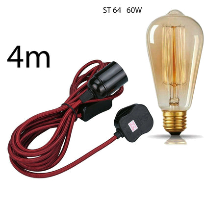 Plug-In Pendant Light – 4 m Fabric Cable, Dimmer Switch, Cage or Shade - Burgundy, No Shade, ST64 LED Bulb 4W