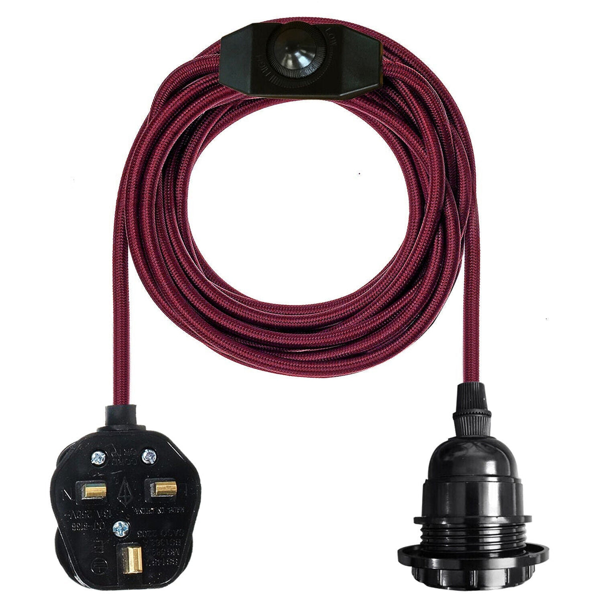 Plug-In Pendant Light – 4 m Fabric Cable, Dimmer Switch, Cage or Shade - Burgundy, No Shade, Without Bulb