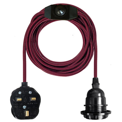 Plug-In Pendant Light – 4 m Fabric Cable, Dimmer Switch, Cage or Shade - Burgundy, No Shade, Without Bulb