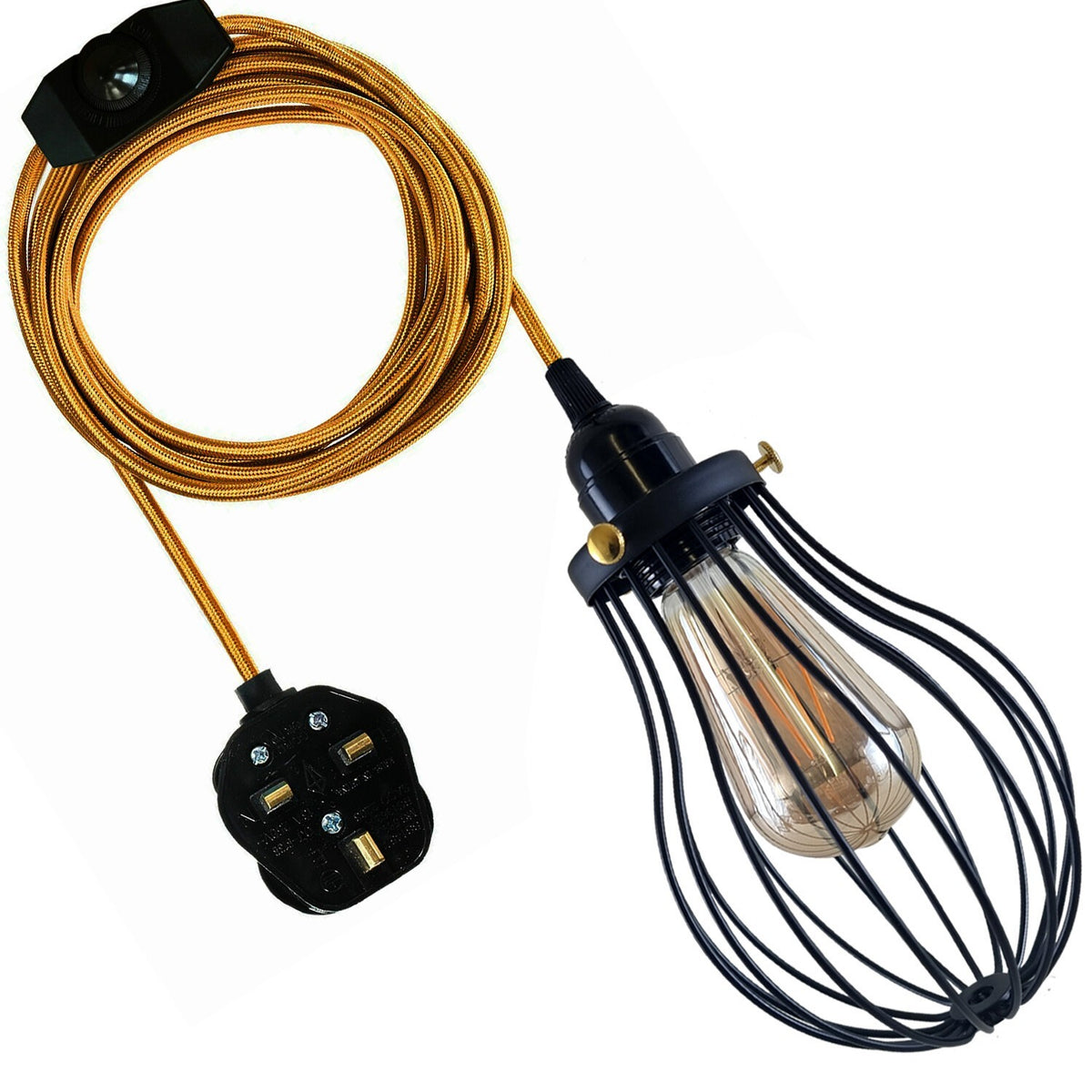 Plug-In Pendant Light – 4 m Fabric Cable, Dimmer Switch, Cage or Shade - Gold, Balloon Cage Black, ST64 LED Bulb 4W