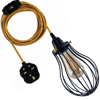 Plug-In Pendant Light – 4 m Fabric Cable, Dimmer Switch, Cage or Shade - Gold, Balloon Cage Black, ST64 LED Bulb 4W