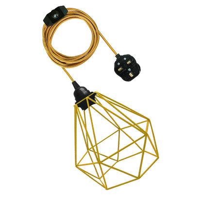 Plug-In Pendant Light – 4 m Fabric Cable, Dimmer Switch, Cage or Shade - Gold, Diamond Cage Yellow, Without Bulb