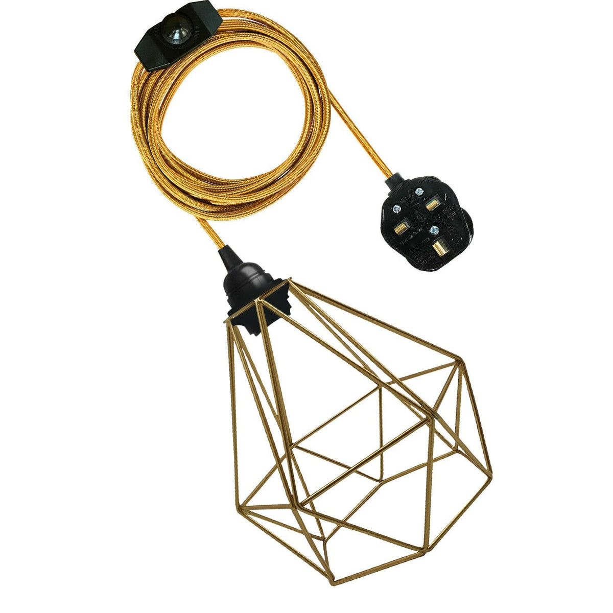 Plug-In Pendant Light – 4 m Fabric Cable, Dimmer Switch, Cage or Shade - Gold, Diamond Cage Gold, Without Bulb