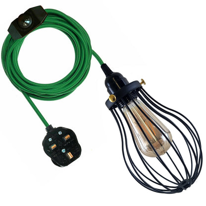 Plug-In Pendant Light – 4 m Fabric Cable, Dimmer Switch, Cage or Shade - Green, Balloon Cage Black, ST64 LED Bulb 4W