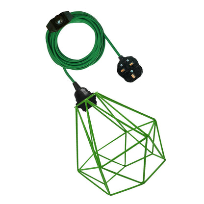 Plug-In Pendant Light – 4 m Fabric Cable, Dimmer Switch, Cage or Shade - Green, Diamond Cage Green, Without Bulb
