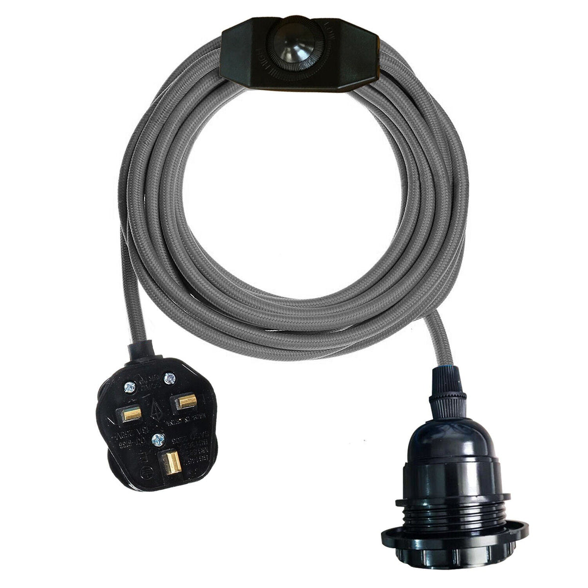 Plug-In Pendant Light – 4 m Fabric Cable, Dimmer Switch, Cage or Shade - Grey, No Shade, Without Bulb