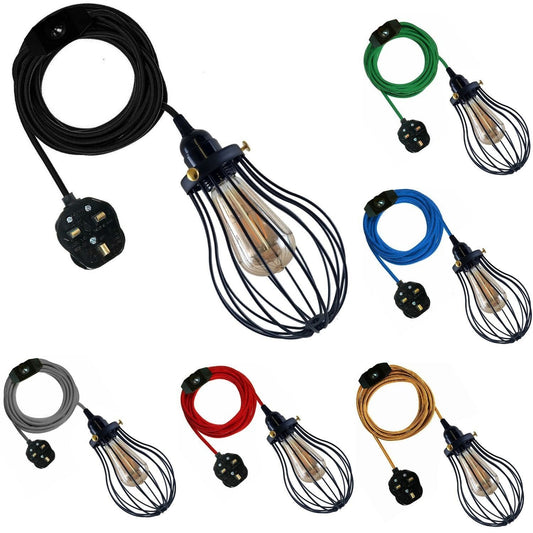 Plug-In Pendant Light – 4 m Fabric Cable, Dimmer Switch, Cage or Shade